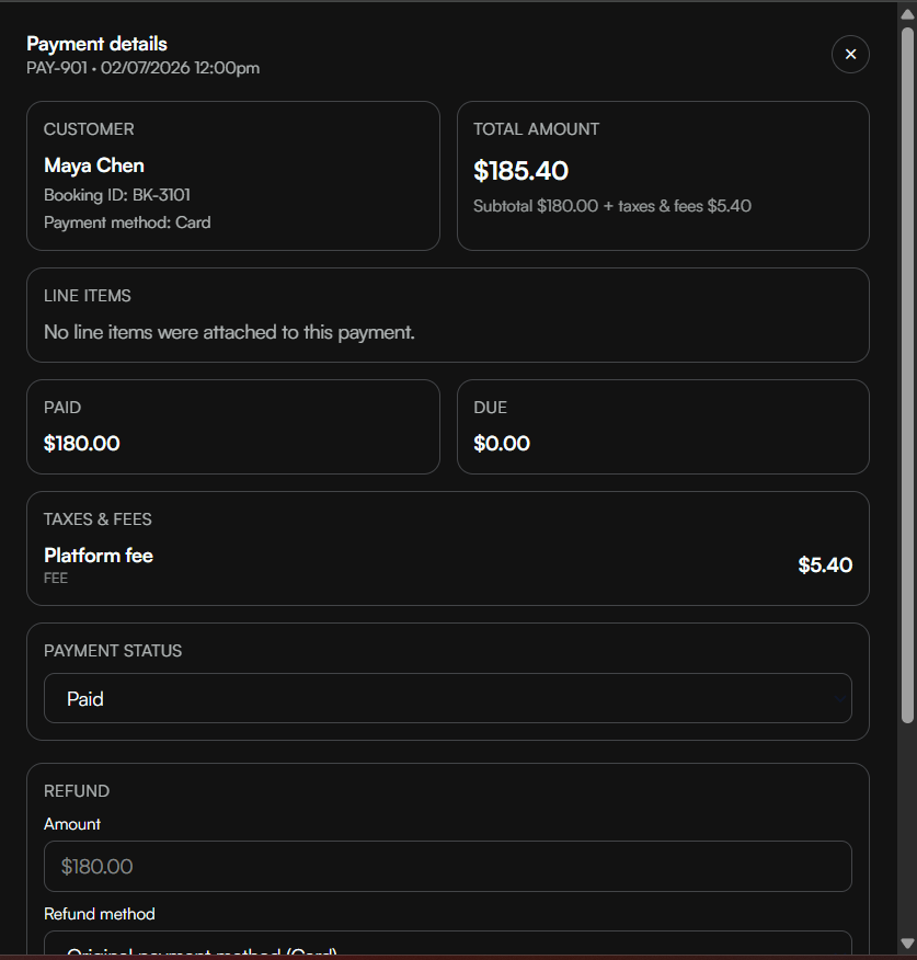 Payments detail panel