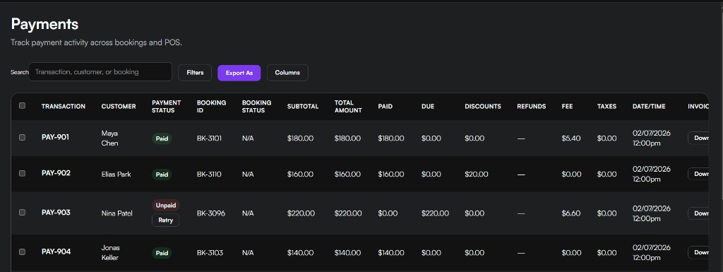 Payments page transaction table
